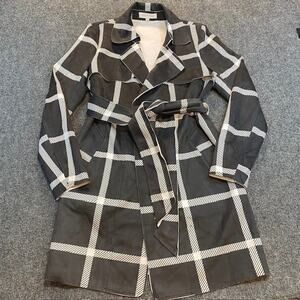 Anthropologie Solitaire Black Plaid Faux Suede Trench Coat Belted Womens Small